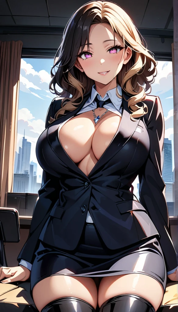 (highest quality:1.2,evil lady,cg, Very detailed, High Detail, digital coloring, High Contrast, masterpiece:1.2,suits, highest quality, Best aesthetics), 8k,masterpiece, cute,tall,beautiful,best quality, 1lady,blonde hair,long hair,wavy hair,empty eyes, (finely detailed glowing eyes and detailed face),,,,extremely detailed cg unity 8k wallpaper,solo,(latex military costume:0.9),large breasts,seductive smile,,latex thighhigh,large breasts,black hair,pink eyes,no jacket,formal shirts,thighhigh,,enamel suits,grossy lips,sitting,tight skirt,sadistic smile,,heel,shiny skin,tight skirt,detailed face,beautiful body,,adult,,show me breasts,sadistic,seductive smile,business suits,latex,no tie,bust shot,open mouth,necklace,office room,from below,burikko pose