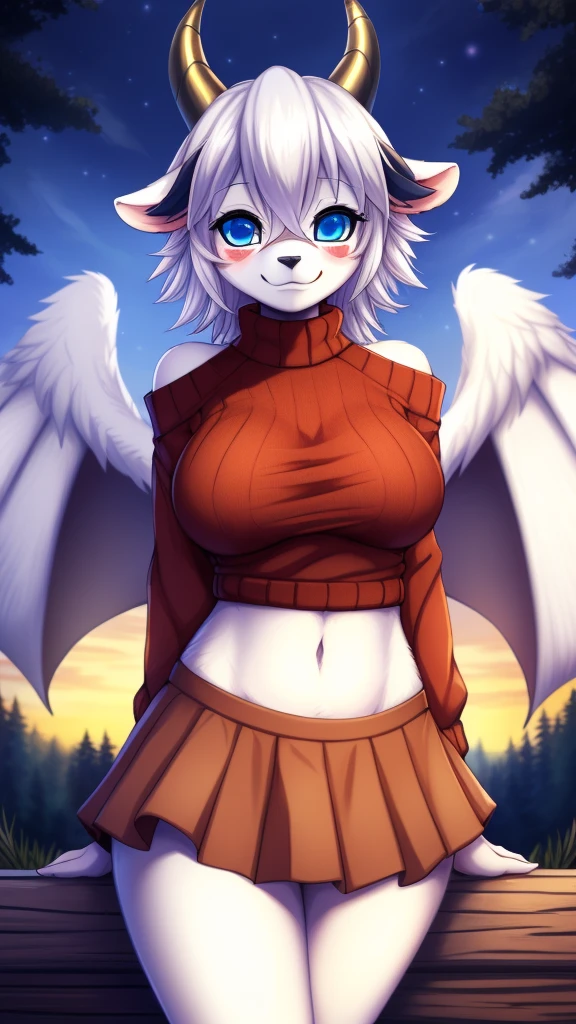 By zinfyuu on pixiv,by twistedscarlet60, uploaded on pixiv, by fluff-kevlar, (masterpiece), (best quality), (anthro furry:1.3, snout:1.2, anthro:1.3, furry:1.2, solo female:1.2), (extremely detailed:1.3), (blue_detailed_eye),Buster whelp, wearing red sweater and white skirt, bare shoulder, sfw, forest,mature woman, view on viewer, kimiko, busty, medium breast, small thighs, slim body, dragon,thigh clotches, golden horn, white hair, blue eyes, wing, white body skin, white face,shy smile, blushing