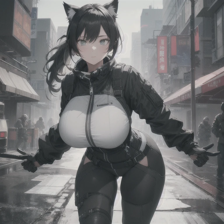 Absurd resolution,high resolution,(masterpiece: 1.4),hyper-detail,full body shot,full frontal camera perspective,solo,shorter,1 kemono feline cat woman,no skin other than neck and head shown,pilot suit,black hair,messy ponytail,cute face,detailed soft grey luminous eyes,huge massive hyper super swollen heavy breasts,breasts so big that cover her whole torso and are bigger than her head while being so big they reach her belly button,extremely super large swollen perky heavy bust,super huge enormously gigantic tits,gigantic breasts stretching/straining out of her outfit looking like they are about to burst out,breasts compressed squishing barely contained in outfit,inflated breasts,breasts_expansion,super gigantic swollen heavy tits,wide full hips,narrower torso and shoulders,smaller torso,narrower waist,full thicc big soft thighs,thicc thighs,big rounded full soft butt,thicc butt,ruggedized utility styled outfit,fully insulated suit,full body outfit coverage with no skin showing or revealed,airtight/watertight zippers and seals,scifi monochrome black and grey fullbody covering protective padding rugged loose-fitted pilot utility suit with strategically placed protective padding,white zipped utility cropped top for breasts support with a black strap horizontal across cleavage worn on top of suit,tactical strategic angular-patterned protective padding on hips and thighs and abdomen,practical/functional clothing,weather-proof durable clothing material,nylon clothing material,custom made clothing to fit and support large breasts,scifi padded rugged rigid high collar cropped cutout techwear jacket,armored high collar,white and black triangular decals and techwear iconography on apparel and clothing,techwear gloves,arm mounted strapped display scifi tablet/communication device/computer,ruggedized tech,ruggedized tech aesthetic,fitted utility pants,utility chaps,near future scifi,cyberpunk aesthetic,anime aesthetic,tactical aesthetic