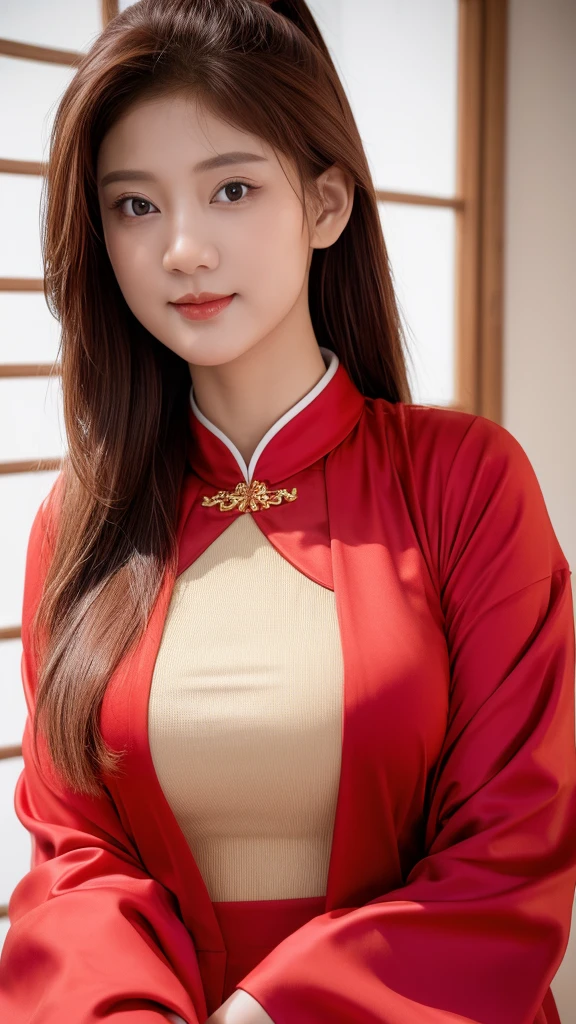 (8K, highest quality, masterpiece: 1.3), (realistic, photorealistic: 1.4), ultra high definition, (ao dai), (red clothes), (japanese female), (high-definition cute face), (large breasts), brown hair, ponytail hair, professional lighting, (closed mouth: 1.2), blush, smile, bra only