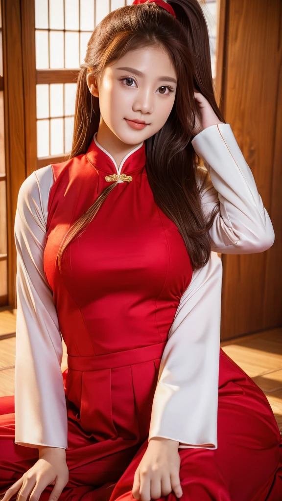 (8K, highest quality, masterpiece: 1.3), (realistic, photorealistic: 1.4), ultra high definition, (ao dai), (red clothes), (japanese female), (high-definition cute face), (large breasts), brown hair, ponytail hair, professional lighting, (closed mouth: 1.2), blush, smile, bra only