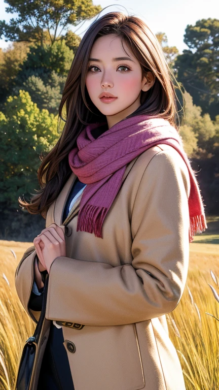 8K, Highest quality, masterpiece, Realistic, Super detailed, photo Realistic, Improvement of quality, Photo of a girl standing in a field wearing a scarf, The designer&#39;s dark and gloomy style, Large chunk, Photobash, Calm face, Jagged Edges, navy, Natural Beauty, Close-up shot