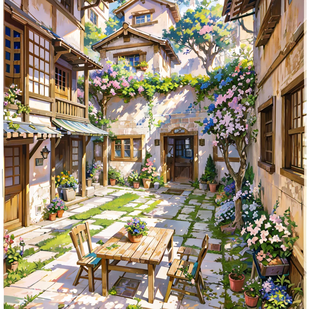 painting of a courtyard with a table and chairs and a bench, anime background art, relaxing concept art, anime scenery concept art, immensely detailed scene, a beautiful artwork illustration, detailed scenery —width 672, studio ghibli environment, highly detailed scene, environment design illustration, beautiful anime scene, ghibli studio style, anime scenery, detailed soft painting, environment painting