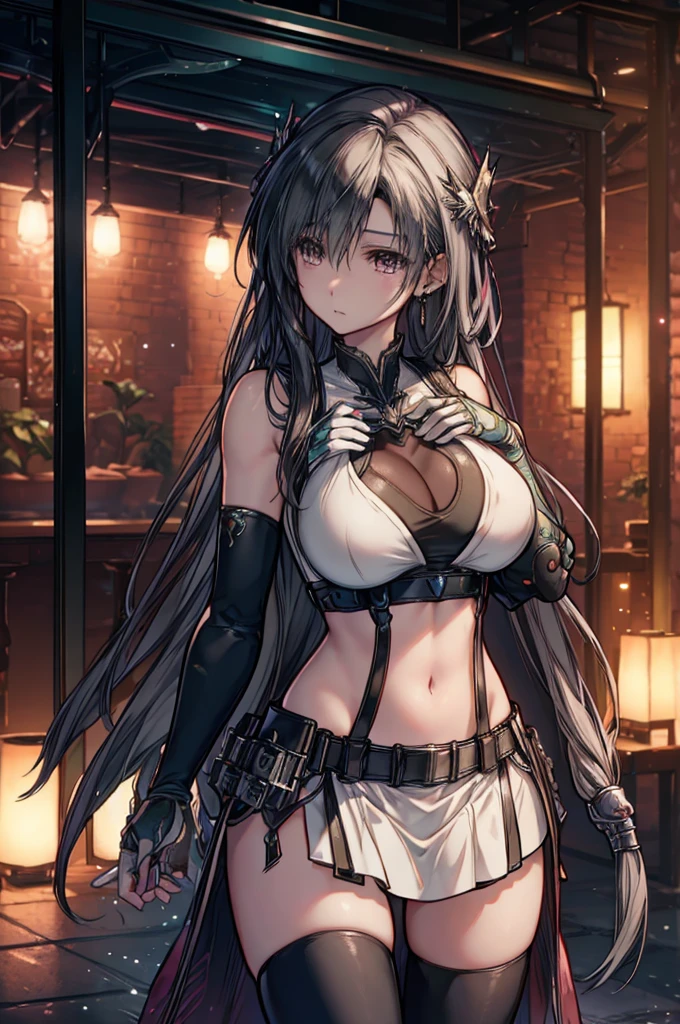 (masterpiece, highest quality, Perfect Anatomy, Fabric Shading, gleaming skin, Glowing Skin, Detailed skin),BREAK,
(clair lasbard),
(long ponytail, hair ribbon, striped scarf, black sports bra, belt, black micro bikini, fingerless gloves, thigh boots),
Full Body, on one knee, erotic pose, sensational look, assassin, holding a knife, BREAK,
huge breasts, wide open cleavage, underboob), BREAK,
Portrait, dutch angle, BREAK,
fantasy, Late Night, Dark, BREAK