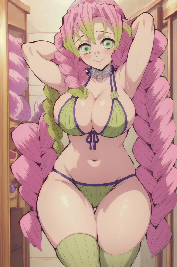(masterpiece, best quality), intricate details,
MitsuriKanroji, kanroji mitsuri, 1girl, solo, long hair, winking, green eyes, pink hair, braid, green hair, twin braids, smile, cute smile, blushed smile, blush, blushing, large breast, huge breasts, bikini top, collarbone, neck, bare shoulders, pink bikini top, cleavage, hands behind head, legs bent, plain background, white background