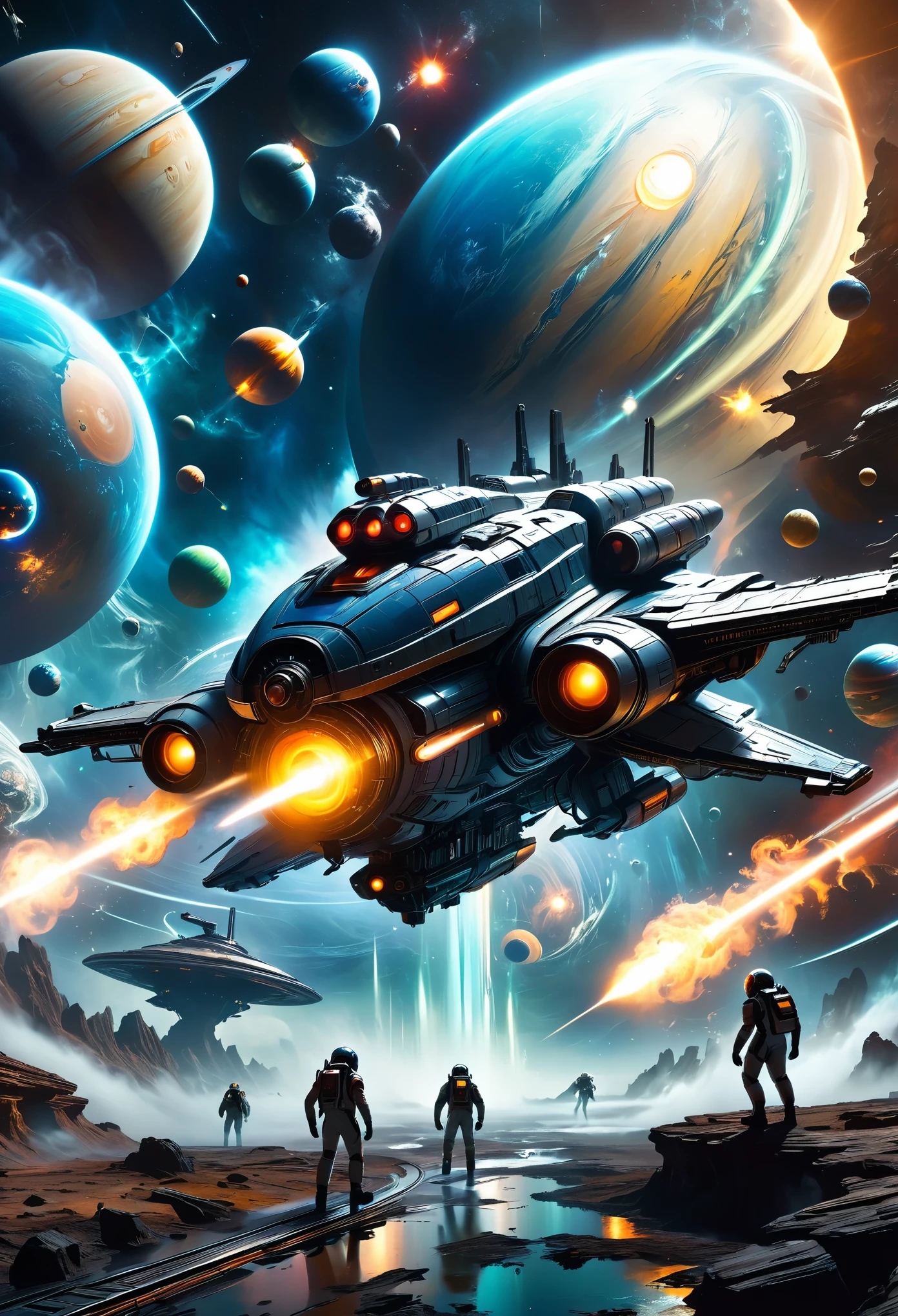 A dramatic futuristic space battle between astronauts and alien spacecraft, with massive planets, swirling cosmic energy, advanced alien technology, glowing spaceships, explosive action, dramatic lighting, complex mechanical designs, realistic textures, volumetric fog, cinematic camera angles, vivid color palette, and a sense of epic scale and grandeur