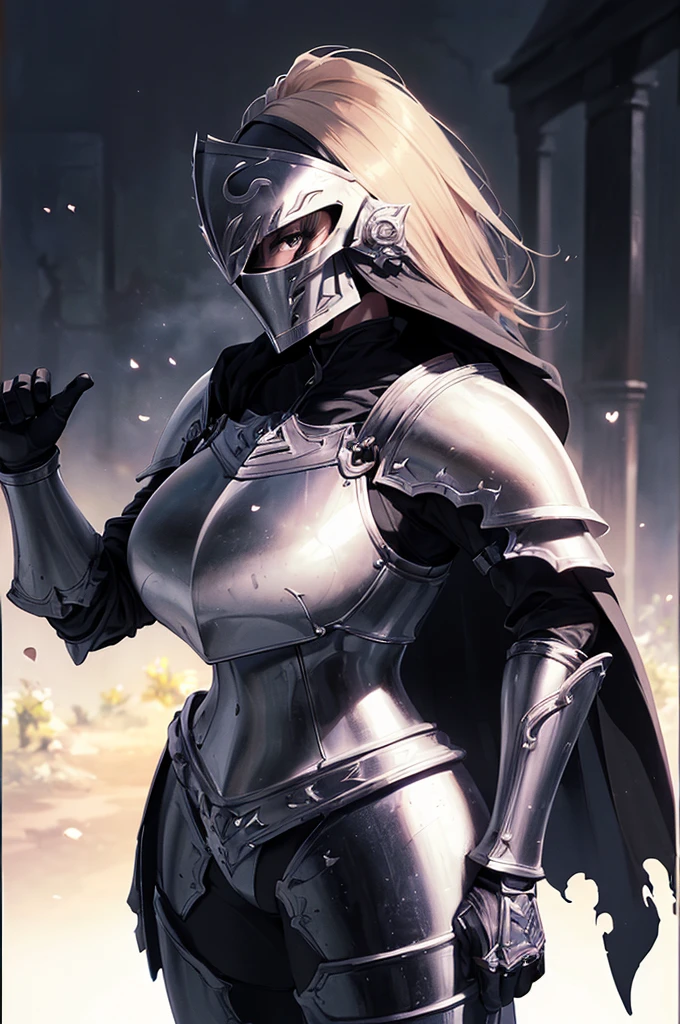 (masterpiece; best quality: 1.2), ((full armored knight woman)), ((solo)), (black eyes: 1.4), (body; toned, strong, femenine: 1.3), (beautiful and clear background: 1.2), ((depth of field)), (equipment: full plate full-black realistic armor + closed helmet with plume + black cape: 1.3), (anime illustration: 1.2), (background composition; garden exterior + furniture: 1.1), (extremely fine and beautiful: 1.1), (shot composition; standing + centered on torso + close-up: 1.5)