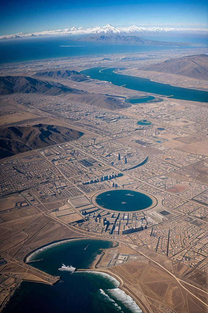 Realistic image from a commercial airplane window, flying over the city of Antofagasta, Chile