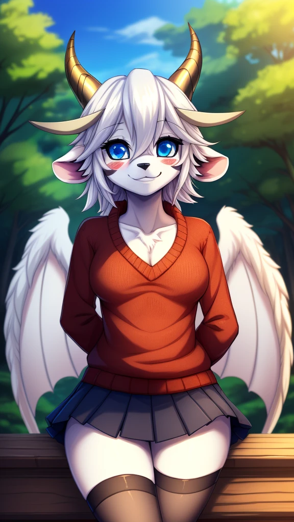 By zinfyuu on pixiv,by twistedscarlet60, uploaded on pixiv, by fluff-kevlar, (masterpiece), (best quality), (anthro furry:1.3, snout:1.2, anthro:1.3, furry:1.2, solo female:1.2), (extremely detailed:1.3), (blue_detailed_eye),Buster whelp, wearing red sweater and white skirt, sfw, forest,  view on viewer, kimiko, busty, feminime_flatchested, small thighs, slim body, dragonling, golden horn, white hair, blue eyes, wing, white body skin, white face,shy smile, blushing