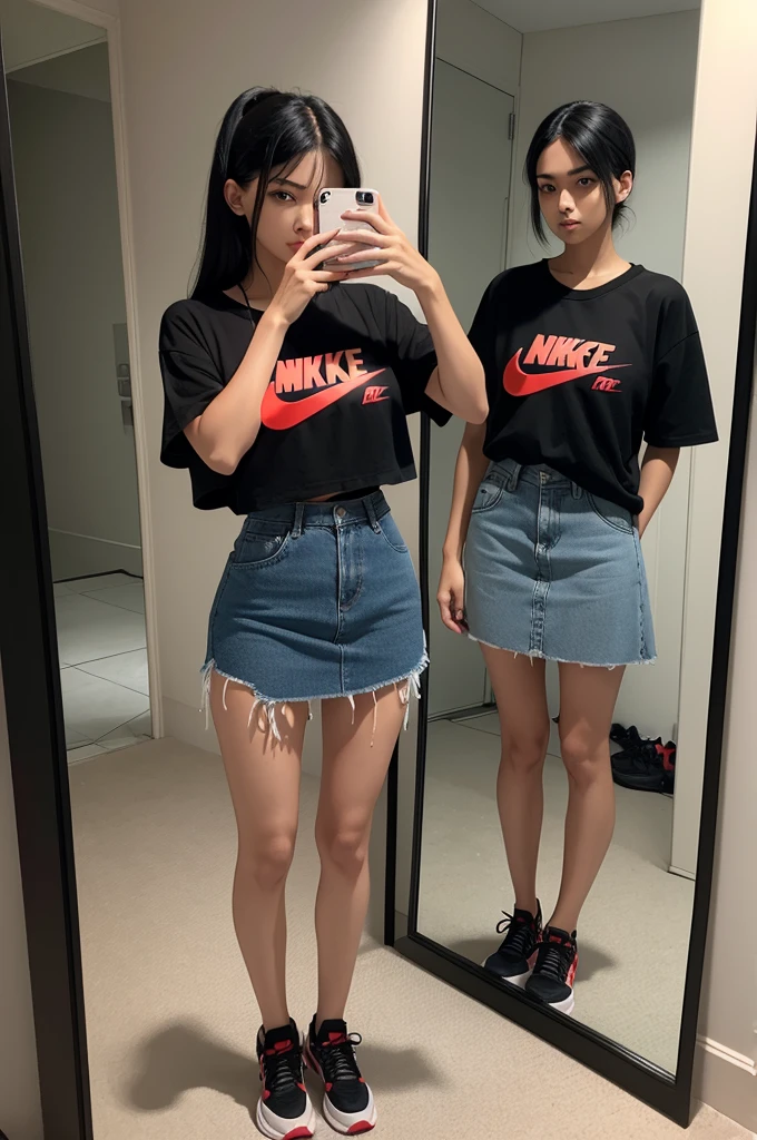 A beautiful woman taking a photo in the mirror,black with black hair, wearing a denim skirt, red Nike sneakers and a loose Racionais shirt