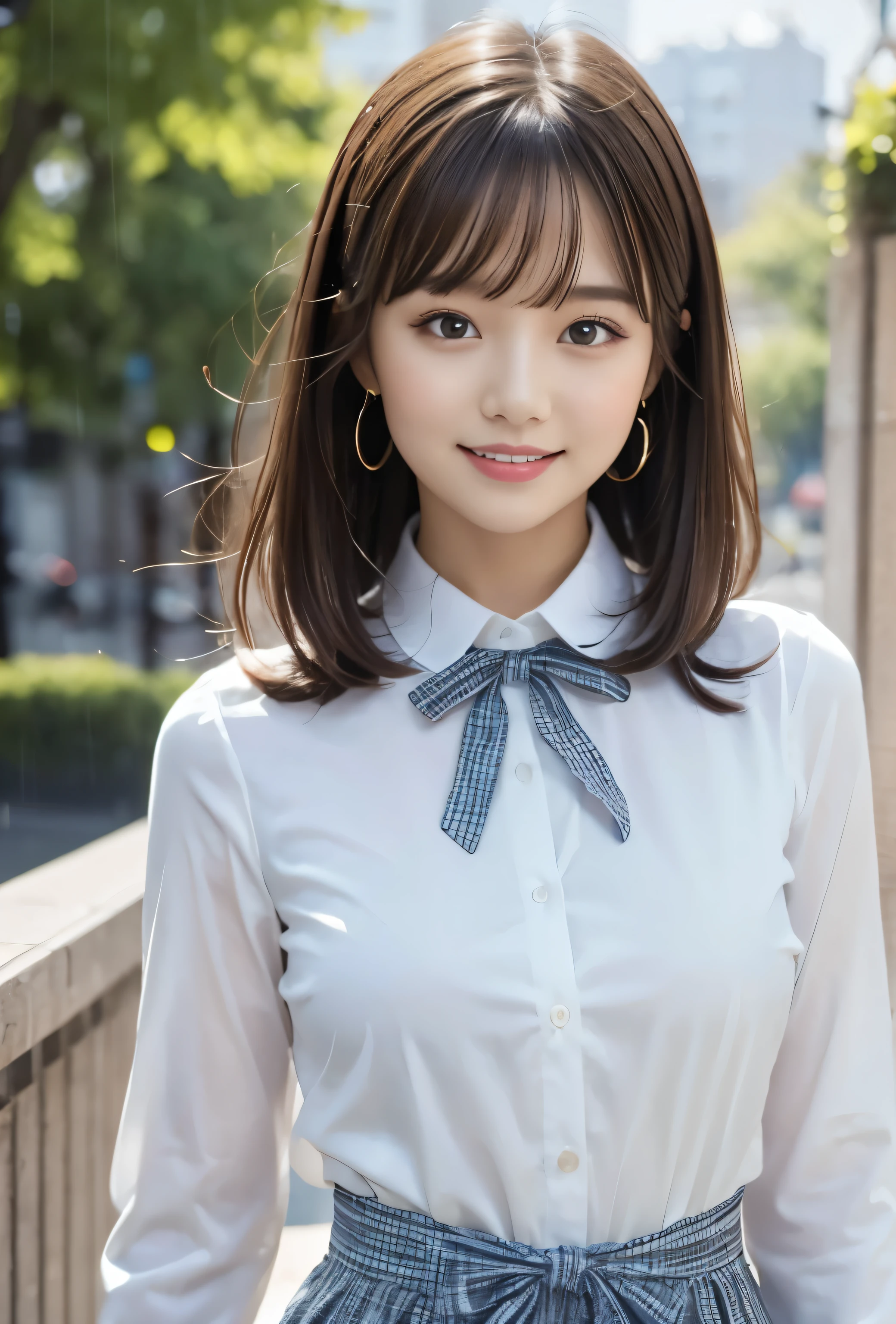 masterpiece, Highest quality:1.1), (8K, RAW Photos, Photo Real:1.2, f22), (Shiny skin), Detailed skin,Long Hair,ribbon,Detailed face, Fine grain,smilee,break, Real World, Intricate details, smile, break, One girl, whole body,(Long sleeve,ribbon,Check Pattern),break, (rain:1.4)