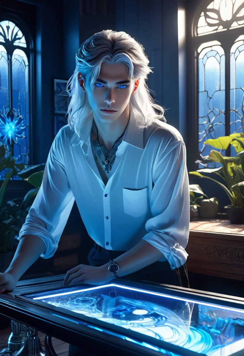 full view of a gorgeous anime male beautifulsensual,25 years old, blue pastel eyes, white wisp silky long hair pulled up, freckles, piercings and tattoo foil masterpiece neon body art, drawing on a high tech glass draft drawing table, with blue print works of luxury apartments strewn about, a ghostly, solid white whispy, smokey phantom ghoul of a handsome male stands near perfect composition of a beautiful large bay window, a garden is in view out the window, the sun shines within a gorgeous cottage structure image in 32k resolution. The scene is illuminated by an alluring backlight and a light-blue ambient light, which cast a breathtaking glow on a crystal and glass structure, that appears to be a piece of transparent, 3D, sci-fi technology.setting, glass texture, super reflective, 32 k, unreal engine 5, hyperrealistc, This technology exhibits intricate details and is super reflective. An anime-inspired high-textured glass, ultra-quality matte, yet radiates neon light. The overall image has deeply saturated complementary colors, adding a fantastical element to the overall concept art. This entire set-up appears to be an engaging splash screen for a trending Unreal Engine game. Please make this as detailed and photorealistic as possible, akin to a high-quality matte painting. detailed intricate insanely detailed, octane render trending on artstation, 32 k artistic photography, photorealistic concept art, soft natural volumetric cinematic perfect light, chiaroscuro,