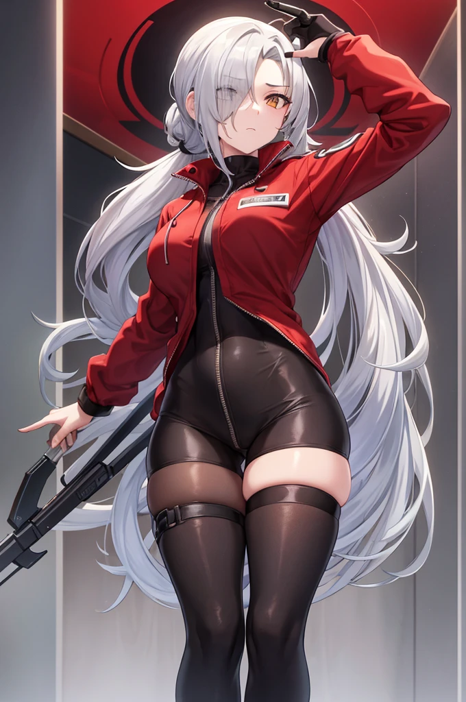 Tall, slim, She has long grey hair tied back in an enormous, messy ponytail that reaches down to her thighs, hair covering one eye, she wears a red jacket, wearing a black full-body suit, golden eyes, angle from below, laboratory background