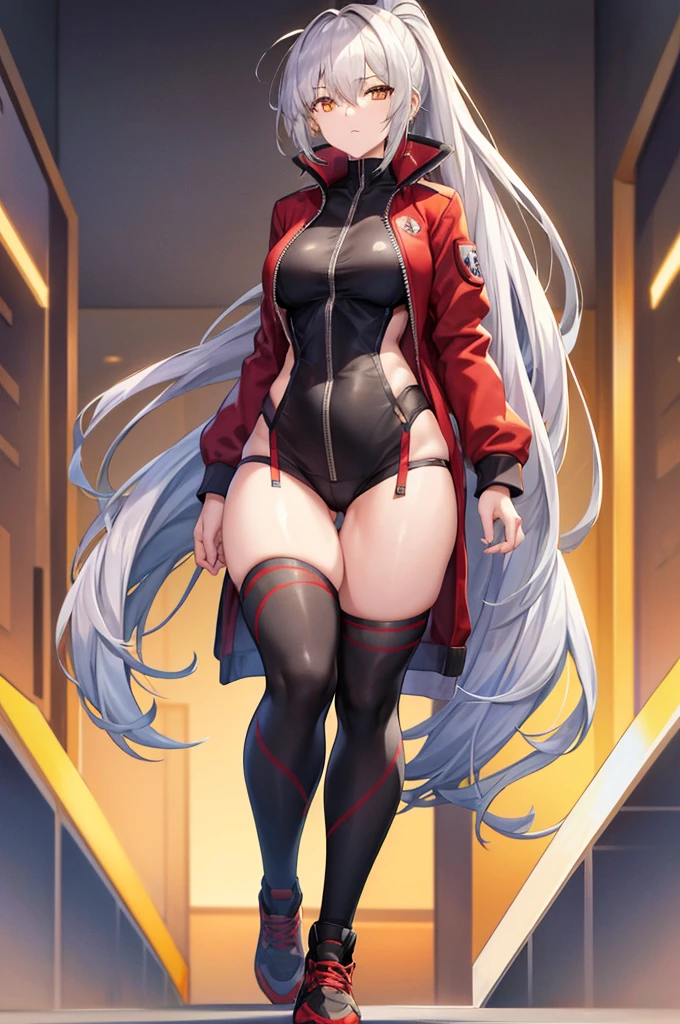 Tall, slim, She has long grey hair tied back in an enormous, messy ponytail that reaches down to her thighs, hair covering one eye, she wears a red jacket, wearing a black full-body suit, golden eyes, angle from below, laboratory background