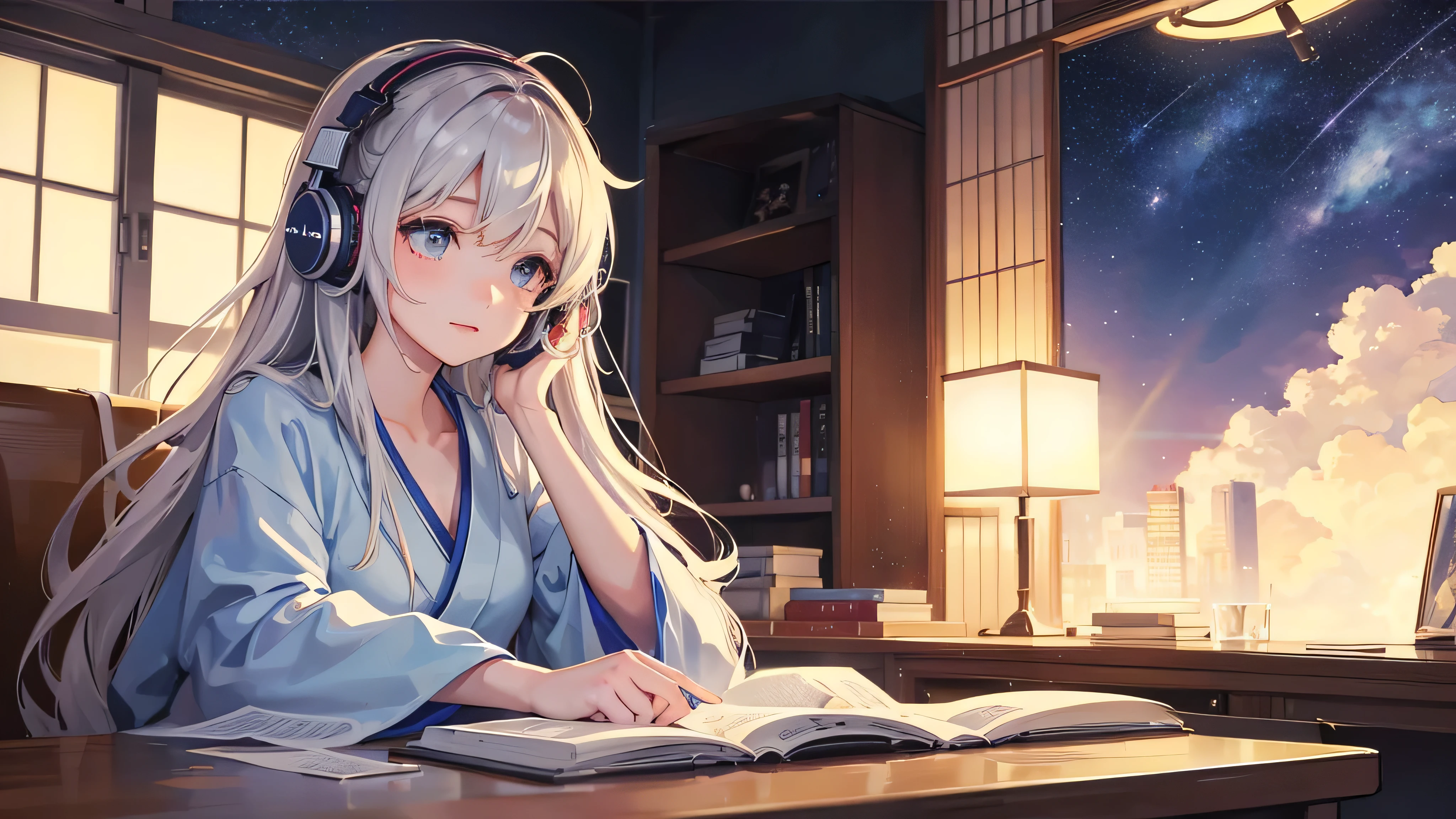 A beautiful girl studying while listening to music with headphones in the room, warm lighting, the starry sky spreads outside the room, Japanese anime style