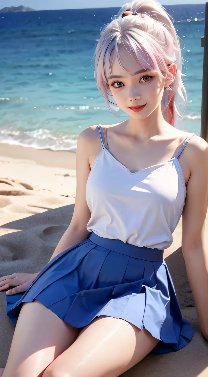 Best quality at best,tmasterpiece,Extremely Delicately Beautiful,The content is very detailed,CG,gatherings,8k wallpaper,An Astonishing,depth of fields,1 Chinese girl,very beautiful look,delicate skin,Flawless Face,plain face,white color hair,Long white hair,high ponytails,There are two strands of white hair on both sides of the ears,Wear pink hair accessories,Eye color is sky blue,Elaborate Eyes,Eyes sparkle,grin face, Put on a sailor suit、pleatedskirt,medium 、There is one by the sea、(On the sandy beach)、 light, realistically, tmasterpiece, Best quality, Complex CG, The face is very detailed, high detail eyeull bodyesbian locked,Above the knee