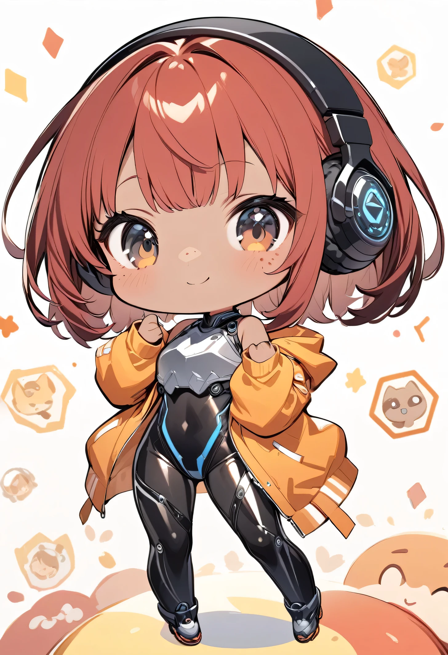 full body,1 girl,(cute:1.3),red Hair, left eye blue, right eye yellow, tan skin, freckles,{White breastplate, Black futuristic headphones, Mechanical black glossy metallic Bodysuit, Bare shoulders, oversized jacket, Glossy, shiny material,chibi emote, chibi character, cute pose