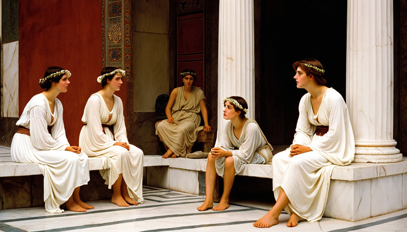 Show this young man talking to three girls.,원본 image 질감 및 모양과 동일한 스타일을 유지합니다., atmosphere of ancient greece, Alma Tadema(alma tadema)Captured in an artistic style similar to. image, While making realistic visual expressions, Avoid references to modern technology.. Instead of, The scene is depicted as if it were a classic painting.., Even without a Canon EOS 5D Mark IV camera