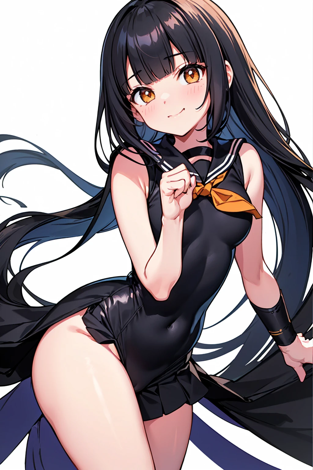 whole body,Standing posture, (Black Hair,Trimmed bangs,Hime cut,) (Small breasts, Girl,), (Cute face:1.2) (High leg leotard,Sailor suit,Sleeveless clothing,) smug face,(White background) 