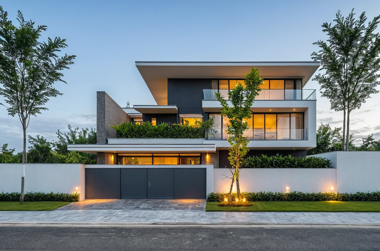 Masterpiece, high quality, best quality, realistic, super detailed, outdoor, modern house style, bietthuhn, white wall, glass door, street gate, sidewalk, grass, trees, Beautiful sky , sunrise, (day:1.1), true light