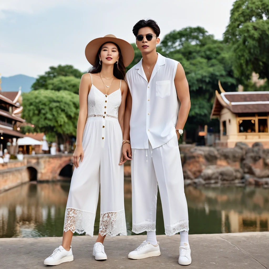 candid fashion photography of young man and woman, both aged 20 year old, ((showcase fashion look book in a White rayon outfits)), inspired by Zara's resort collection 2020 in elegant young bohemian style. The man wears an oversized short-sleeved bowling white shirt with a pocket details, paired with relaxed-fit white Sports Wide Leg Baggy short and Drawstring, He completes his look with white sneakers, sunglasses and bracelet. The woman complements him in a white Ankle-length dress in a rayon with delicate lace insets, V-shaped neckline, covered buttons down the front and an open section, (sleeveless with spaghetti shoulder straps), Gathered waist, lace hem, Her ensemble includes an accessorizes with a wide-brimmed straw hat, white sneakers and necklace. Captured in a low angle, ((full-body image)), The photograph is taken with a Canon EOS R camera using an 85mm f/1.8 lens at an f/2.2 aperture, utilizing natural light. Employing three-point lighting and incorporating 3D animation shadows enhances his features and adds depth to the composition. The careful layering and arrangement of his body parts and surrounding objects ensure a flawless composition. This masterpiece celebrates the beauty of the male form and invites viewers to immerse themselves in a world of sophistication and charm. The seductive lighting and intricate details, combined with a dramatic composition, invite viewers to revel in the essence of a fun-filled day, brimming with joy and relaxation. Attention is meticulously paid to the layers and arrangement of his body parts and surrounding objects, ensuring correct body structure and photo distance. The romantic atmosphere, paired with a lively and extremely gorgeous Chiangmai old town background, enhances the overall allure of this exquisite image, Chiang Mai Thailand,