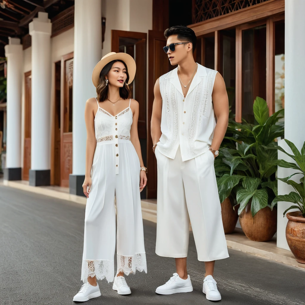 candid fashion photography of young man and woman, both aged 20 year old, ((showcase fashion look book in a White rayon outfits)), inspired by Zara's resort collection 2020 in elegant young bohemian style. The man wears an oversized short-sleeved bowling white shirt with a pocket details, paired with relaxed-fit white Sports Wide Leg Baggy short and Drawstring, He completes his look with white sneakers, sunglasses and bracelet. The woman complements him in a white Ankle-length dress in a rayon with delicate lace insets, V-shaped neckline, covered buttons down the front and an open section, (sleeveless with spaghetti shoulder straps), Gathered waist, lace hem, Her ensemble includes an accessorizes with a wide-brimmed straw hat, white sneakers and necklace. Captured in a low angle, ((full-body image)), The photograph is taken with a Canon EOS R camera using an 85mm f/1.8 lens at an f/2.2 aperture, utilizing natural light. Employing three-point lighting and incorporating 3D animation shadows enhances his features and adds depth to the composition. The careful layering and arrangement of his body parts and surrounding objects ensure a flawless composition. This masterpiece celebrates the beauty of the male form and invites viewers to immerse themselves in a world of sophistication and charm. The seductive lighting and intricate details, combined with a dramatic composition, invite viewers to revel in the essence of a fun-filled day, brimming with joy and relaxation. Attention is meticulously paid to the layers and arrangement of his body parts and surrounding objects, ensuring correct body structure and photo distance. The romantic atmosphere, paired with a lively and extremely gorgeous Chiangmai old town background, enhances the overall allure of this exquisite image, Chiang Mai Thailand,