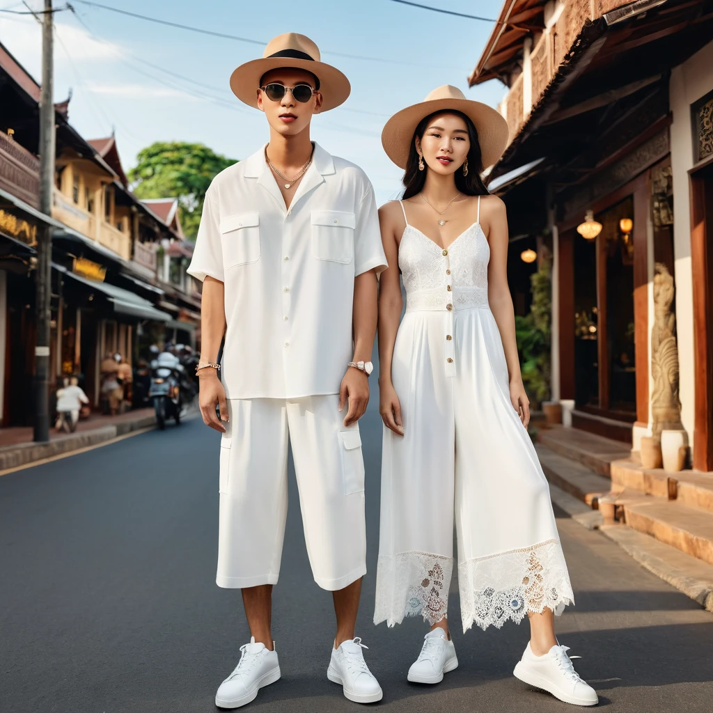 candid fashion photography of young man and woman, both aged 20 year old, ((showcase fashion look book in a White rayon outfits)), inspired by Zara's resort collection 2020 in elegant young bohemian style. The man wears an oversized short-sleeved bowling white shirt with a pocket details, paired with relaxed-fit white Sports Wide Leg Baggy short and Drawstring, He completes his look with white sneakers, sunglasses and bracelet. The woman complements him in a white Ankle-length dress in a rayon with delicate lace insets, V-shaped neckline, covered buttons down the front and an open section, (sleeveless with spaghetti shoulder straps), Gathered waist, lace hem, Her ensemble includes an accessorizes with a wide-brimmed straw hat, white sneakers and necklace. Captured in a low angle, ((full-body image)), The photograph is taken with a Canon EOS R camera using an 85mm f/1.8 lens at an f/2.2 aperture, utilizing natural light. Employing three-point lighting and incorporating 3D animation shadows enhances his features and adds depth to the composition. The careful layering and arrangement of his body parts and surrounding objects ensure a flawless composition. This masterpiece celebrates the beauty of the male form and invites viewers to immerse themselves in a world of sophistication and charm. The seductive lighting and intricate details, combined with a dramatic composition, invite viewers to revel in the essence of a fun-filled day, brimming with joy and relaxation. Attention is meticulously paid to the layers and arrangement of his body parts and surrounding objects, ensuring correct body structure and photo distance. The romantic atmosphere, paired with a lively and extremely gorgeous Chiangmai old town background, enhances the overall allure of this exquisite image, Chiang Mai Thailand,