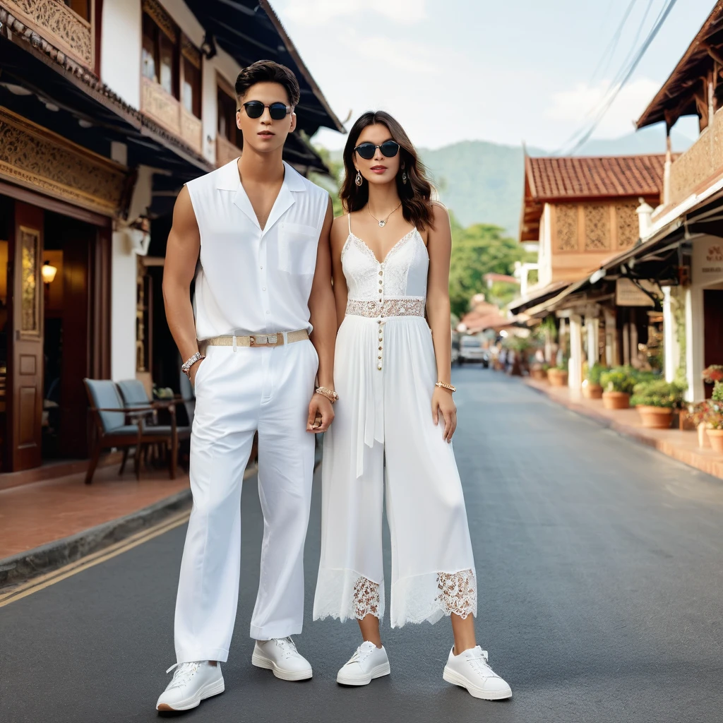 candid fashion photography of young man and woman, both aged 20 year old, ((showcase fashion look book in a White rayon outfits)), inspired by Zara's resort collection 2020 in elegant young bohemian style. The man wears an oversized short-sleeved bowling white shirt with a pocket details, paired with relaxed-fit white Sports Wide Leg Baggy short and Drawstring, He completes his look with white sneakers, sunglasses and bracelet. The woman complements him in a white Ankle-length dress in a rayon with delicate lace insets, V-shaped neckline, covered buttons down the front and an open section, (sleeveless with spaghetti shoulder straps), Gathered waist, lace hem, Her ensemble includes an accessorizes with a wide-brimmed straw hat, white sneakers and necklace. Captured in a low angle, ((full-body image)), The photograph is taken with a Canon EOS R camera using an 85mm f/1.8 lens at an f/2.2 aperture, utilizing natural light. Employing three-point lighting and incorporating 3D animation shadows enhances his features and adds depth to the composition. The careful layering and arrangement of his body parts and surrounding objects ensure a flawless composition. This masterpiece celebrates the beauty of the male form and invites viewers to immerse themselves in a world of sophistication and charm. The seductive lighting and intricate details, combined with a dramatic composition, invite viewers to revel in the essence of a fun-filled day, brimming with joy and relaxation. Attention is meticulously paid to the layers and arrangement of his body parts and surrounding objects, ensuring correct body structure and photo distance. The romantic atmosphere, paired with a lively and extremely gorgeous Chiangmai old town background, enhances the overall allure of this exquisite image, Chiang Mai Thailand,