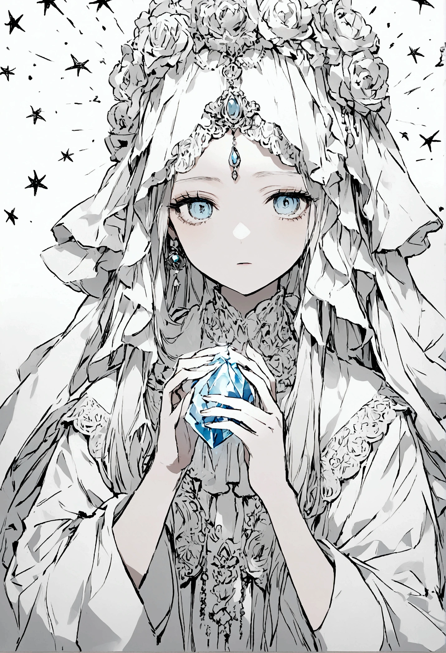 Create an image of a fortune teller.
Eve's face, dressed in white clothing and holding a crystal.
Set the background to black and a shooting star.