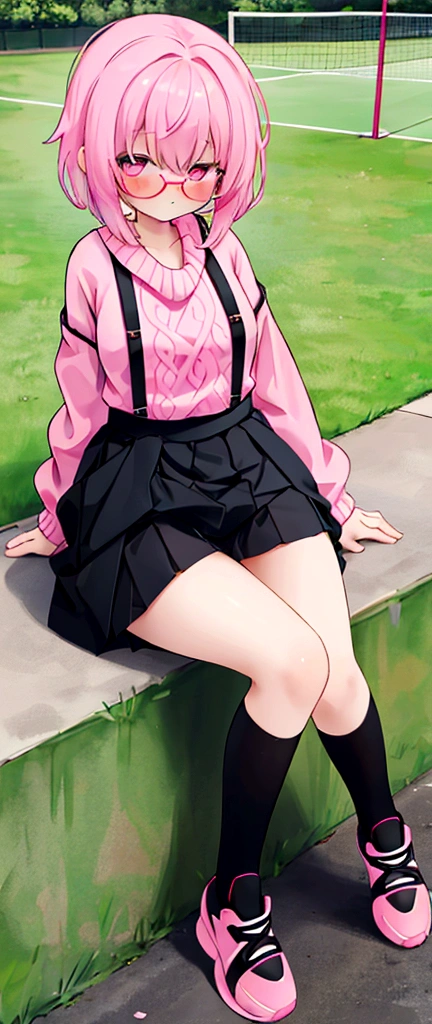 pink hair, black glasses, pink eyes, extremely blushing, a big pink sweater, a short black skirt with suspenders, some running around the waist, black stockings, white tennis shoes, a reserved girl who is sitting in a park