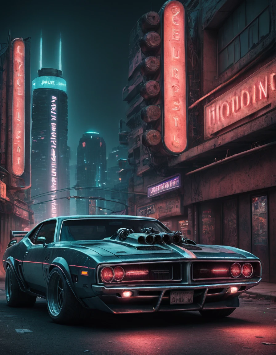 Hyper realistic,metal,professional photo of a futuristic muscle car with multiple modifications, large wheels, driving, cybernetic hood, cyber car parts, front pop up headlights, science fiction, sci-fi scenario, (night), natural light, cyberpunk, futuristic city, cyberpunk city, neon signs, highly detailed, (highly detailed background), multiple buildings in the background, detailed textures, wide angle, 8k, HDR, professional photoshoot, high quality photo, realistic photo, realistic shadows, detailed shadows, realistic proportions,film grain, raw photo,(front),