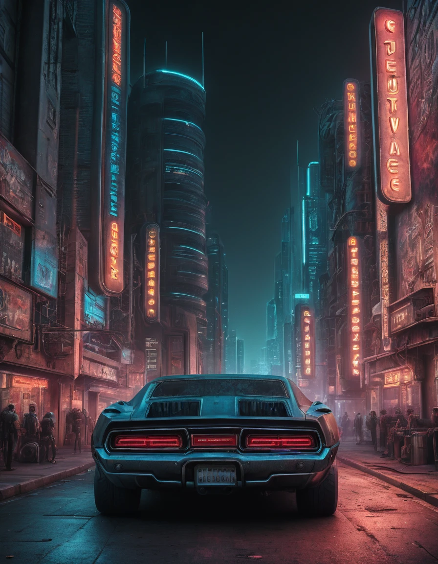 Hyper realistic,metal,professional photo of a futuristic muscle car with multiple modifications, large wheels, driving, cybernetic hood, cyber car parts, front pop up headlights, science fiction, sci-fi scenario, (night), natural light, cyberpunk, futuristic city, cyberpunk city, neon signs, highly detailed, (highly detailed background), multiple buildings in the background, detailed textures, wide angle, 8k, HDR, professional photoshoot, high quality photo, realistic photo, realistic shadows, detailed shadows, realistic proportions,film grain, raw photo,(front),