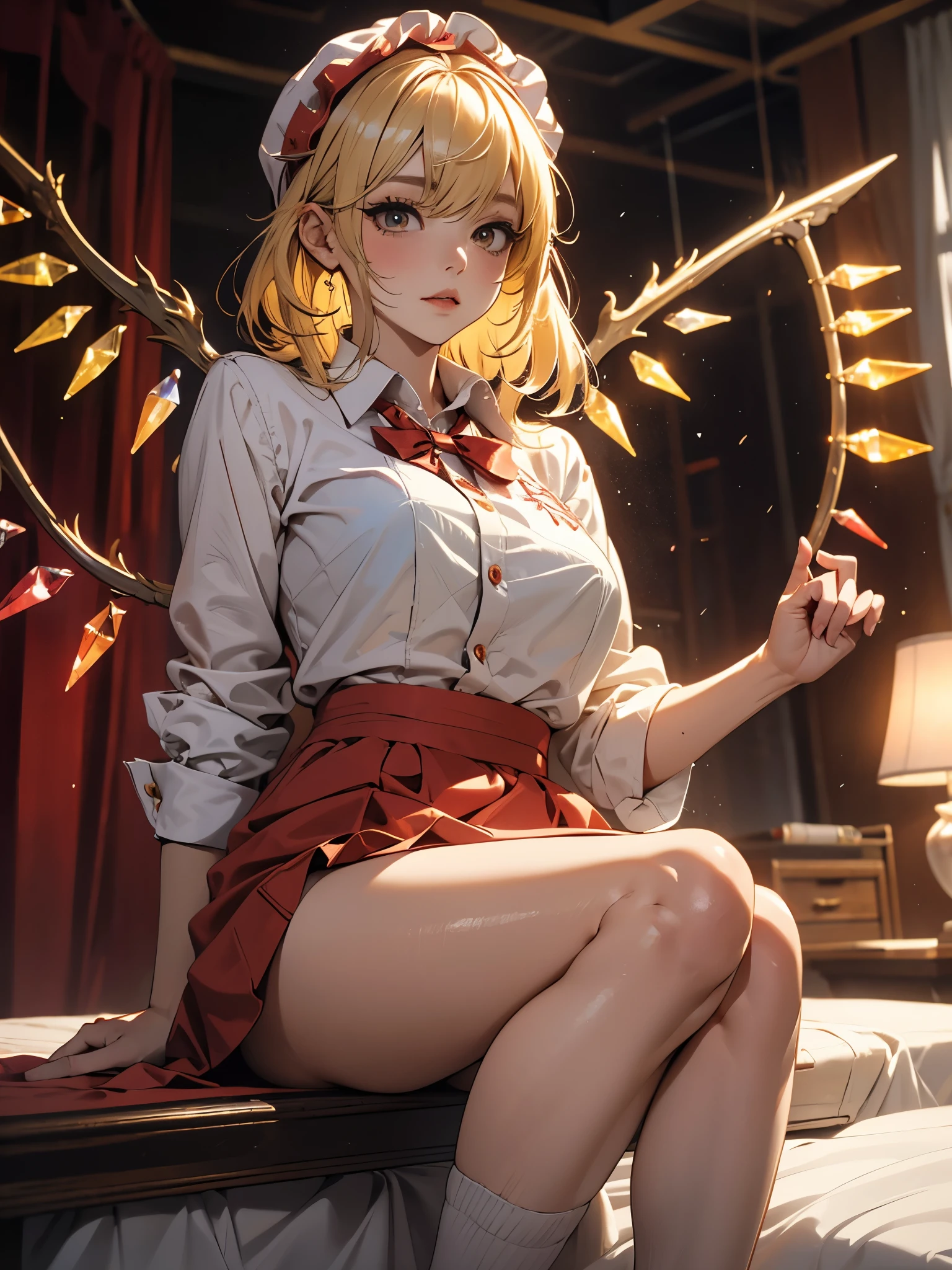 Eastern Project, Flandre Scarlet sitting on the bed in JK uniform, hands crossed at the waist, light yellow hair, warm lighting, blurry foreground, cute, change, アニメ, 4K, with demon wings, shower cap, work of art, trunk