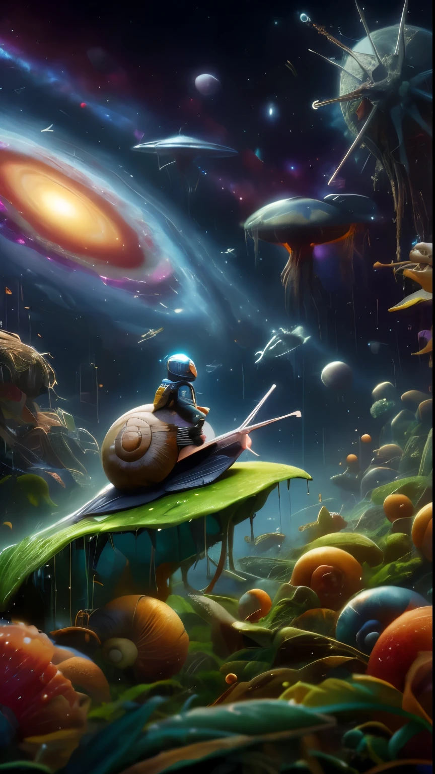 space travel to the outer verse beyond the known universe, past all light knowledge, beyond the stars, to creators, to create Trex, to destructors, to mechanism, void and plasm, feast and phantom, halls and judges, knowing and unknowing, everything and no thing, all possibility's, what is predicted, what is out there, 7k resolution, A diminutive gently smiling little man riding on a snail with happy tears as big as dew drops sitting in the rain on a leaf covered by moss under a large flower with a hole in it where rain gets in, rainy forest background, tiny flowers, sparkling with dew and rain drops, red orange and yellow colors through dappled sunlight,