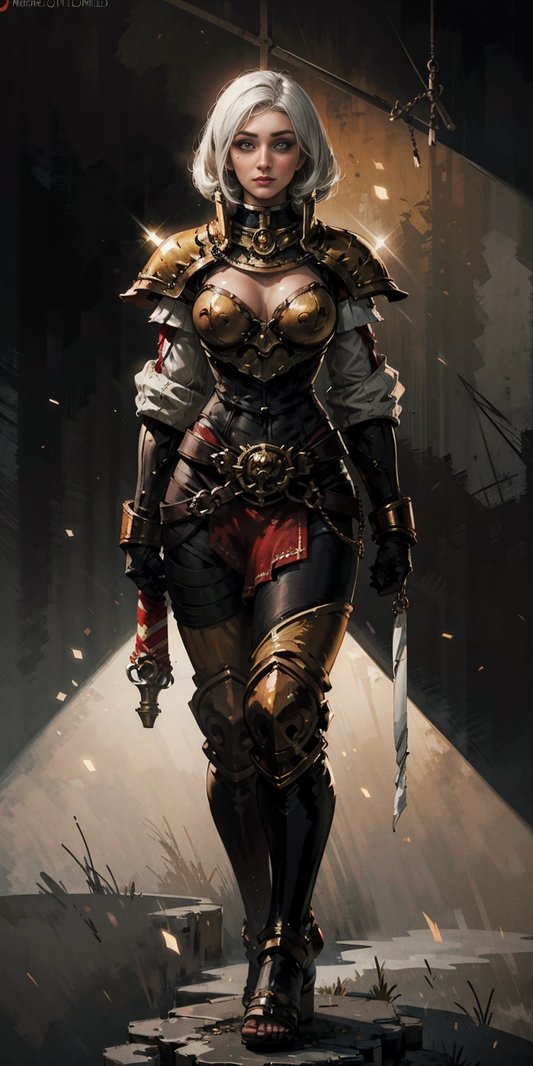 (Forest:Face:LORA)((BLACK BACKGROUND 1:2, masterpiece)) 1solo female full body MILF BIMBO standing straight symmetrical with two long thighs and two metal sandals, red eyes like rubies, eye focus looking to the viewer, silver white hair, short bob style hair, big knockers breastplate, breastplate, cleavage, tiara royal, long cape up to two feet, yellow bikini (yellow tiger stripes), lustful smirking smiling, smile face (red blushed, red cheeks), pauldrons metal shoulders, gold sleeveless bracelets, separate sleeves, hands on waist hands OR hips, golden bracers, metal handcuffs, leather corset, red loincloth, black leather choker slave collar, shackles bracelets, slave red crest under navel, navel, big belt around waist OR hips, feet together, metal ankle, two long thighs and two metal sandals