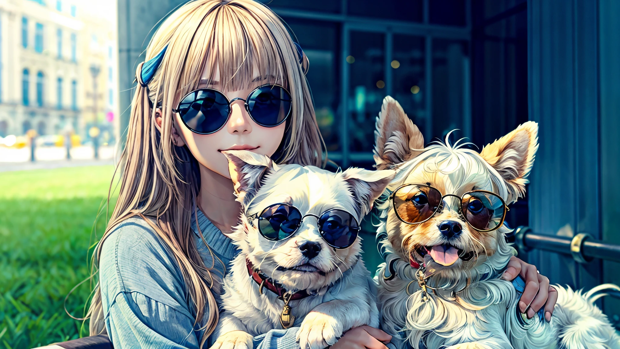 A cute woman wearing sunglasses is holding a cute Maltese wearing sunglasses in her arms. outdoor background