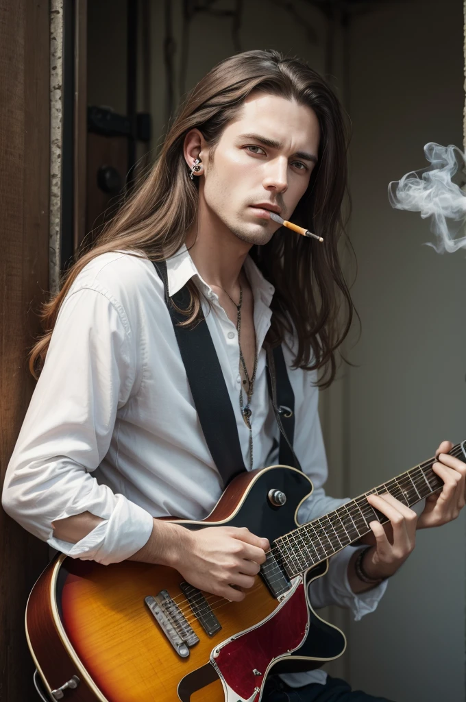 White man, 30s, long hair, earring in left ear, playing electric guitar, smoking cigarette