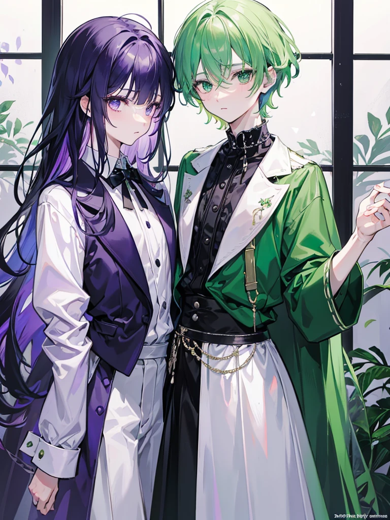 There are two elegant boys, the first boy has green hair and black and dark green clothes. The second boy has purple hair with white clothes..