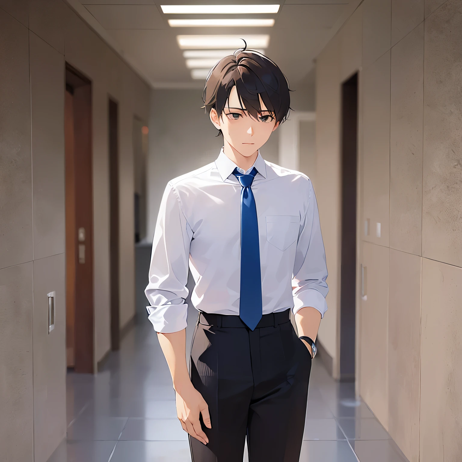 hand on own chin,(looking away:1.5),
upper body、 masterpiece、Highest quality、 BREAK (25-year-old male:1.5) and (Mahogany brown short hair) and (Green Eyes) BREAK (white collared shirt) and (Blue tie)、serious,thinking,Are standing、The background is the office lobby.、(alone:1.5)