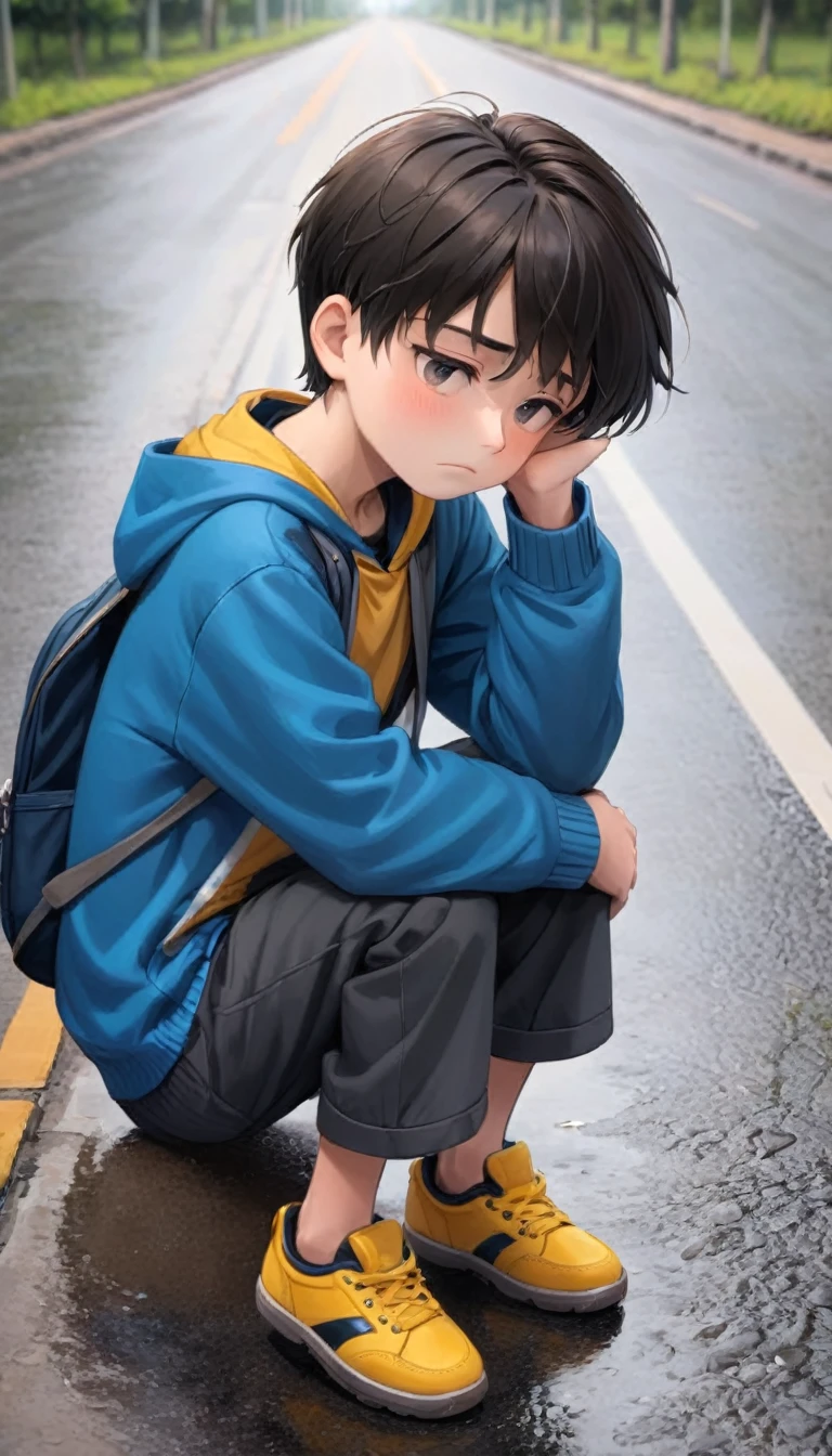 a  boy sad and seat in road said