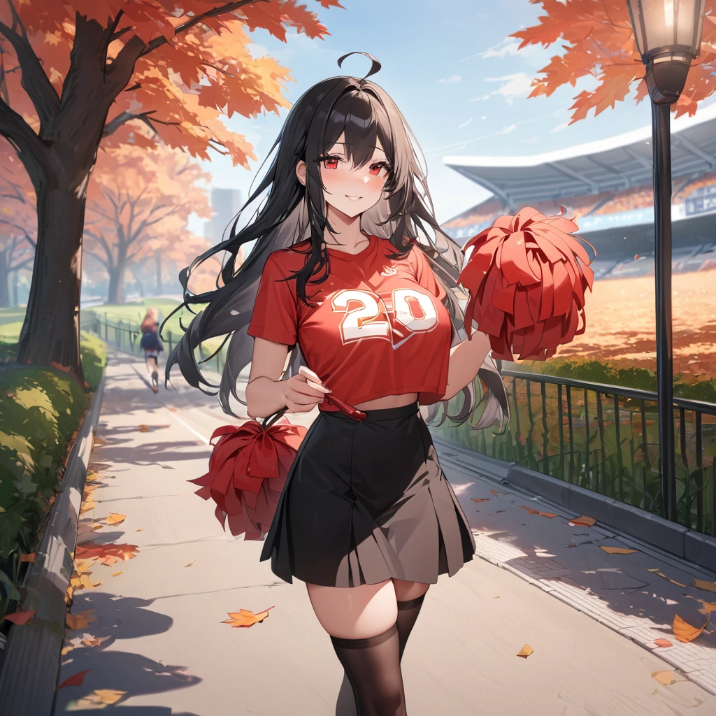 A woman wearing a red sports shirt, with a white number 20 on the shirt, black skirt, cheerleader style, long black socks, sports sneakers, with a pair of red materialized pompoms in her hands, large breasts, black hair, long hair, ahoge, red eyes, smiling, walking on concrete sidewalk in a park in autumn weather, stadium in the background, standing, UHD, exquisite work, accurate skin, anatomically correct, textured, super details, high quality, best quality, 8k , high resolution, bokeh effect. (woman alone)