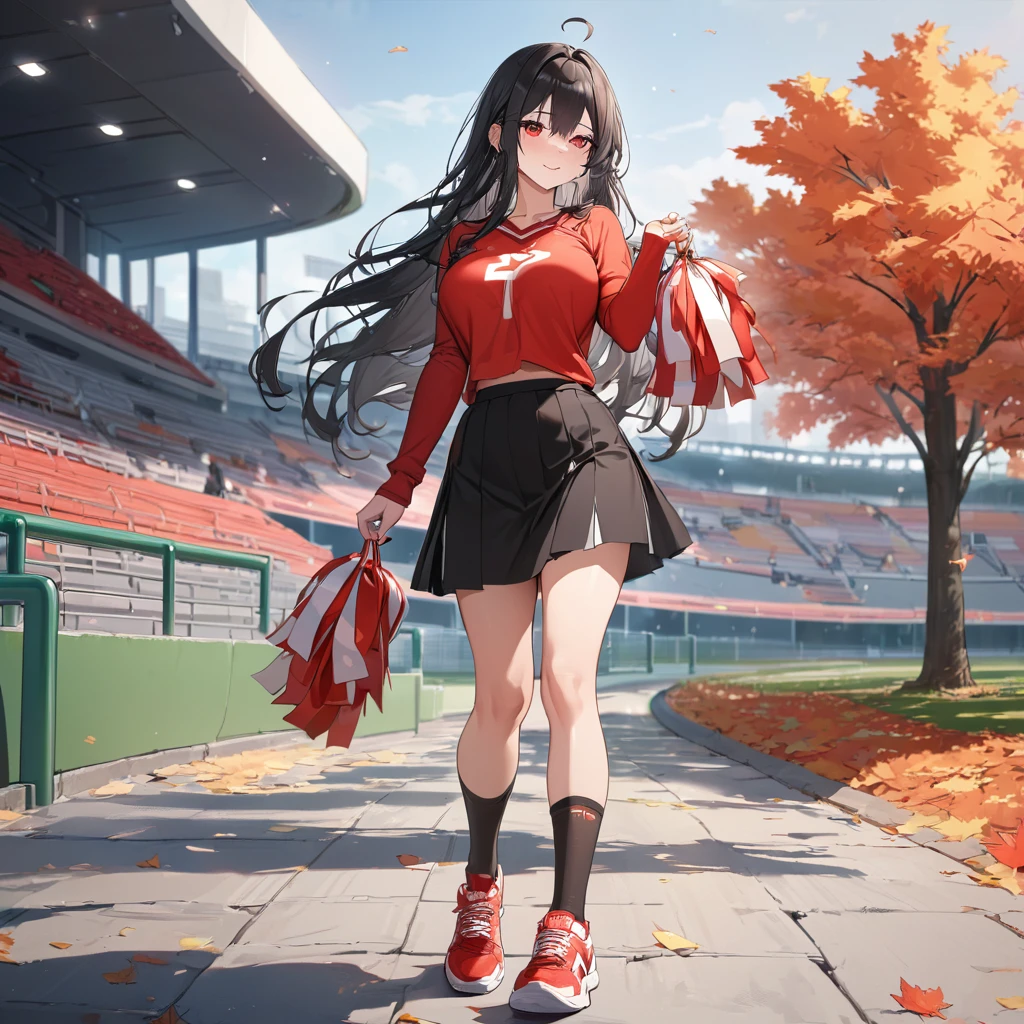 A woman wearing a red sports shirt, with a white number 20 on the shirt, black skirt, cheerleader style, long black socks, sports sneakers, with a pair of red materialized pompoms in her hands, large breasts, black hair, long hair, ahoge, red eyes, smiling, walking on concrete sidewalk in a park in autumn weather, stadium in the background, standing, UHD, exquisite work, accurate skin, anatomically correct, textured, super details, high quality, best quality, 8k , high resolution, bokeh effect. (woman alone)

