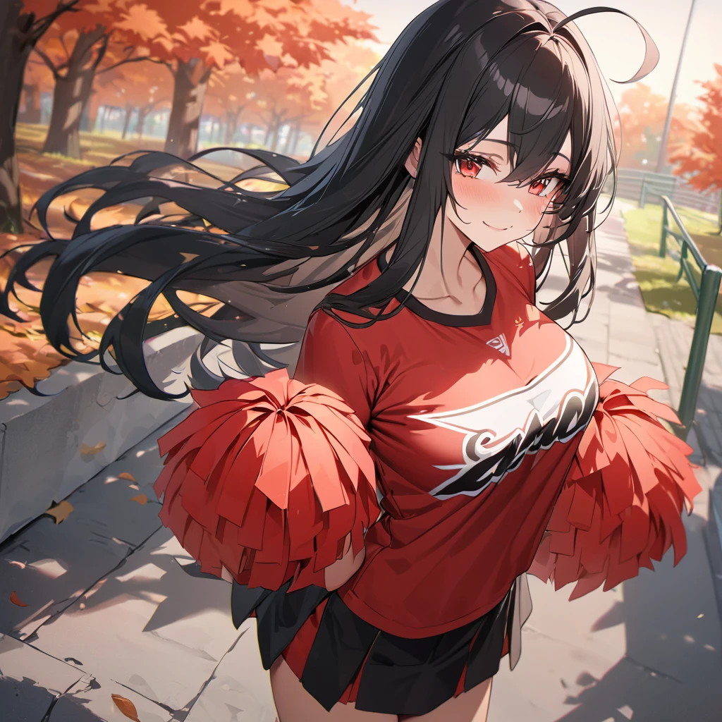 A woman wearing a red sports shirt, with a white number 20 on the shirt, black skirt, cheerleader style, long black socks, sports sneakers, with a pair of red materialized pompoms in her hands, large breasts, black hair, long hair, ahoge, red eyes, smiling, walking on concrete sidewalk in a park in autumn weather, stadium in the background, standing, UHD, exquisite work, accurate skin, anatomically correct, textured, super details, high quality, best quality, 8k , high resolution, bokeh effect. (woman alone)
