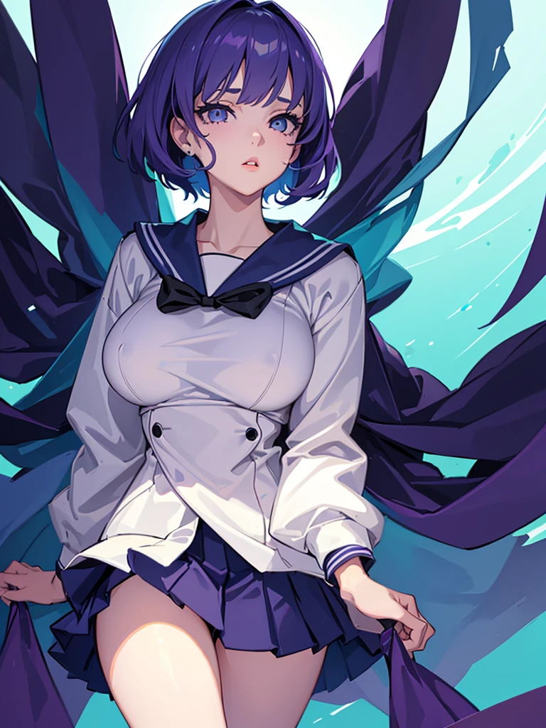 1girl,realistic,short hair,green eyes,empty eyes,purple hair,gigantic breast, uniform,sailor suit,skirt,extremely detailed eyes and face,longeyelashes,beautiful detailed lips,masterpiece,upper body,blue background