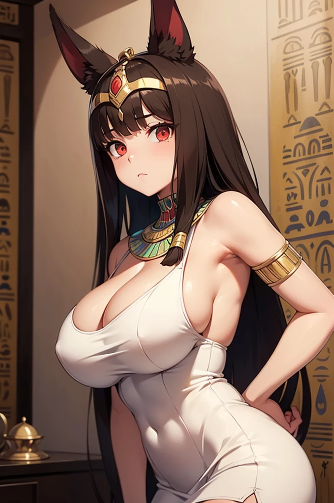 ((masterpiece, egypt themed)), 1girl, solo, upper art, brown hair, very long hair, very straight hair, red eyes, looking at viewer, nonchalant face, white simple dress, safe dress, anubis ears, egypt bedroom background, giant breasts, bangs, looking to side, side pose