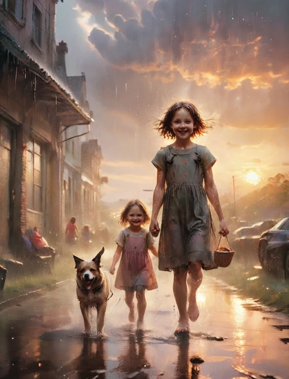 develop images of 3 happy and smiling children playing in the rain with a dog and girls with an incredible sunset.