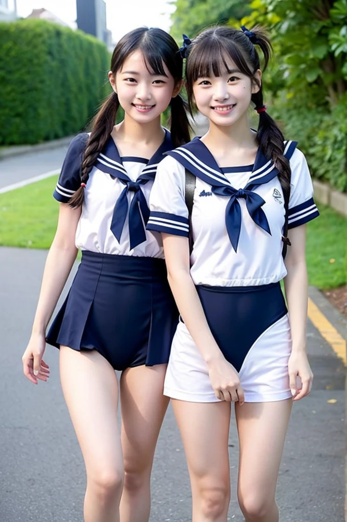 2 girls walking in school yard,short-sleeved white sailor one-piece swimsuit with navy blue speedo briefs,18-year-old,bangs,a little smile,thighs,knees,short hair with low pigtails bunches with red ribbon bow,from before,front light