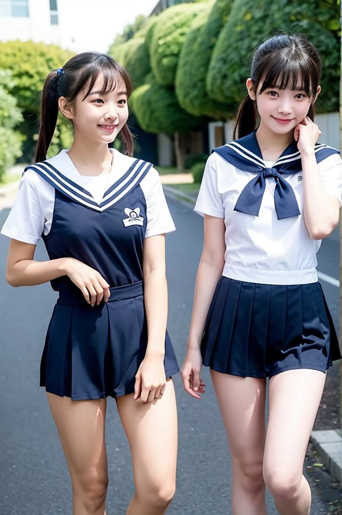 2 girls walking in school yard,short-sleeved white sailor one-piece swimsuit with navy blue speedo briefs,18-year-old,bangs,a little smile,thighs,knees,short hair with low pigtails bunches with red ribbon bow,from before,front light