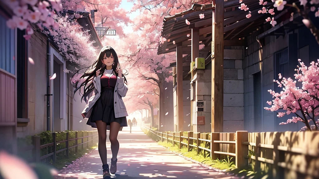 Draw a sexy 20-year-old girl with straight long black hair, smiling while standing in a tunnel of cherry blossoms. She is bathed in the spring light, with pink petals fluttering in the wind. The background features a blue sky and white clouds, evoking a sense of hope for the future and the beginning of a new season. The girl's gaze is fixed on the future, with a radiant smile that stands out. Capture a scene where her smile blooms under the cherry blossoms, illuminating her bright future.Beautiful big breasts: 1.3