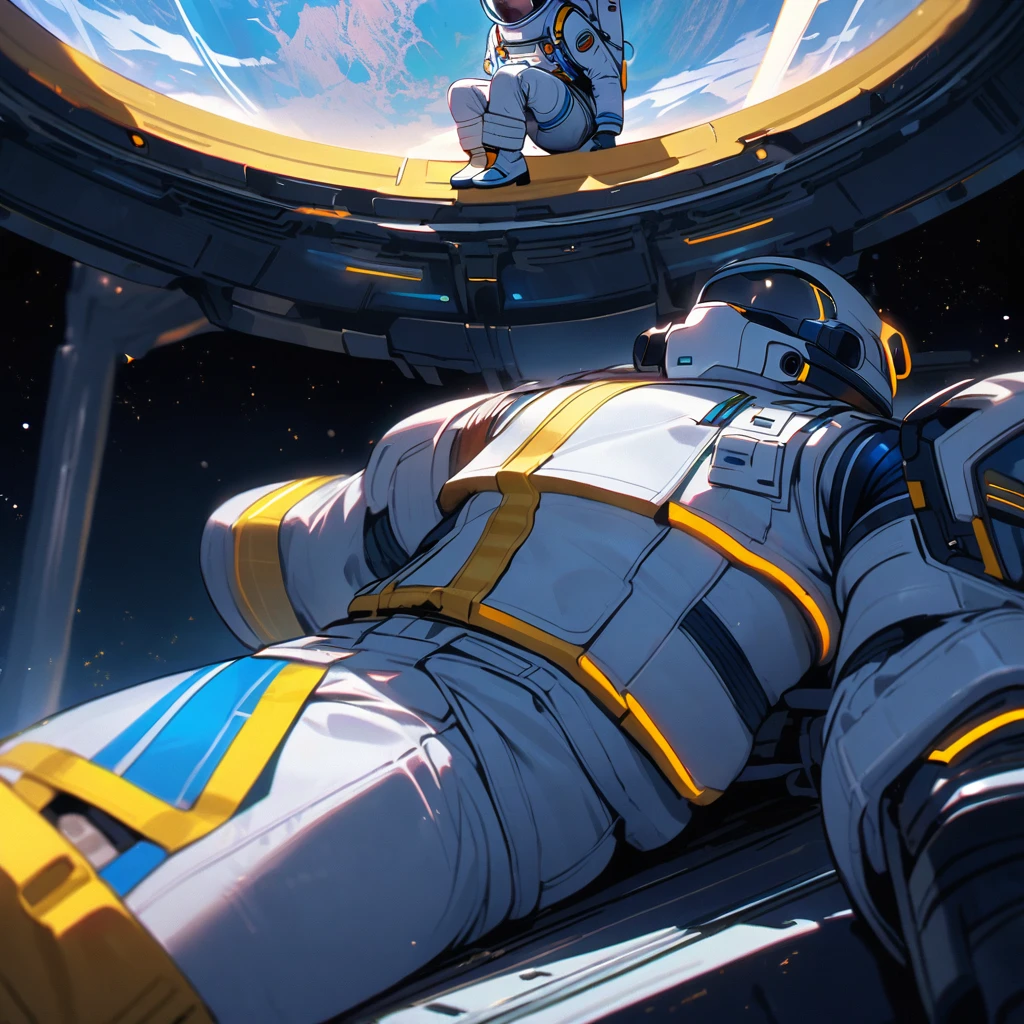 (well done: 1) white spacesuit with blue and yellow details, slightly torn blue jacket on top. sitting on top of a space base.
